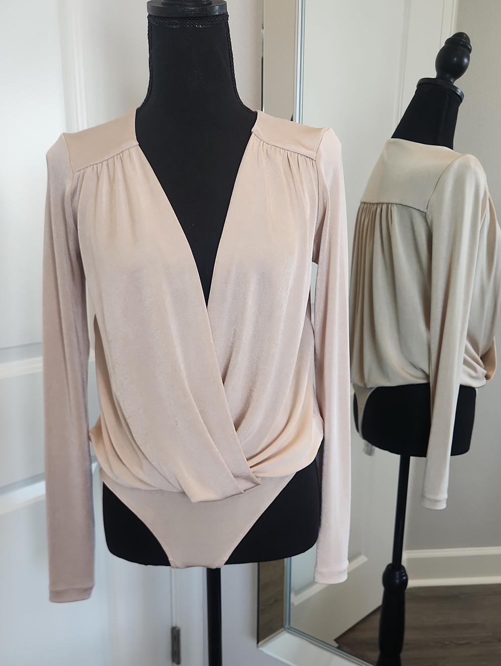 Free People Dusty Beige Wrap-Front Long Sleeve Bodysuit